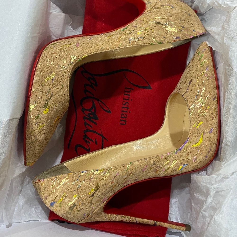 Rare Authentic Christian Louboutin 120mm So Kate Cork! Rainbow & Gold Foil! Sz40